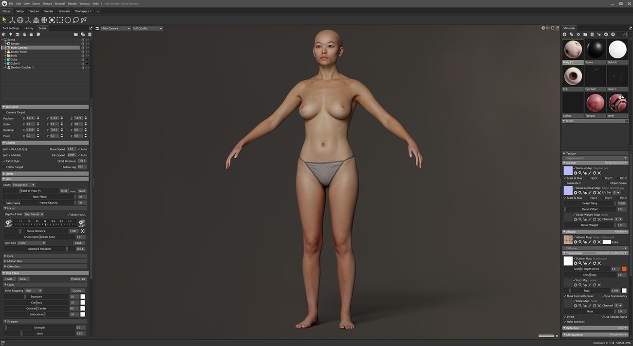 This image showcases the 3D model of an Asian woman in her 20's, rendered in Marmoset Toolbag 4. The model has a high level of detail, including visible muscle definition and realistic skin texture. The Marmoset Toolbag 4 allows for real-time rendering of the model, providing a more dynamic and realistic presentation. The model would be useful for a wide range of projects, including animation, gaming, and virtual reality experiences.